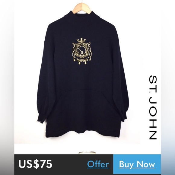 St.John by Marie Gray black mock neck, wool sweater! Gold embroidery, Size L - Picture 13 of 17